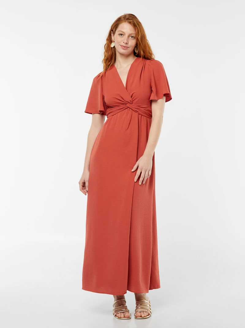 Long dress with crossed and tied collar-orange